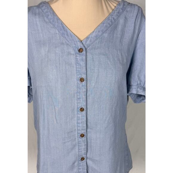 Jane + Delancey Large Lyocell Blue Short Sleeve Button Front Shirt Tie Back - Picture 2 of 8